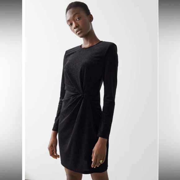 & Other Stories NWT Glitter Velour Shoulder Pad Long Sleeve Mini Dress Black, 4 - Picture 3 of 16